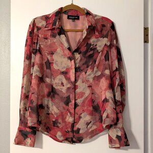 Jones NY Abstract Floral Blouse with Sheer Sleeves, Size 10
